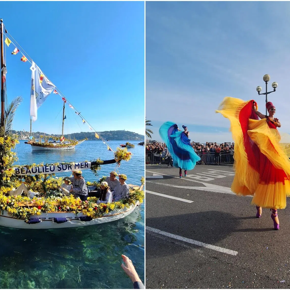 Boats adorned with flowers as part of the Combat Naval Fleuri festival (left) and dancers on stilts as part of the Nice flower parade.