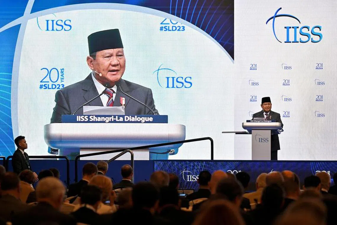 Indonesia's Minister of Defence Prabowo Subianto speaks at a plenary session of the 20th IISS Shangri-La Dialogue in Singapore June 3, 2023. REUTERS/Caroline Chia/File Photo