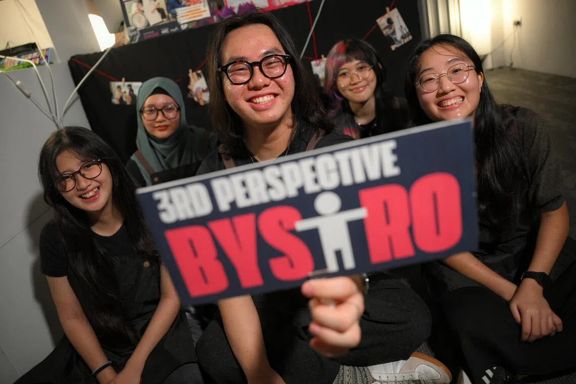 From left, 20-year-olds from Singapore Polytechnic Meredith Tan, Dian Azura Binte Riduan, Stephen Teo, Wen Qing and Ho Yue Ling, the team behind 3rd Perspective Bystro (a cafe-style concept that raises awareness on abuse), pictured on March 12, 2026.