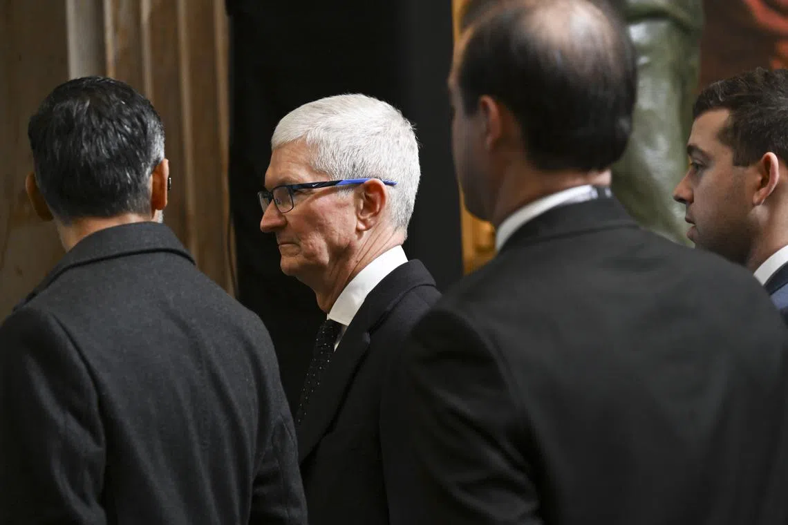 Tim Cook, the chief executive of Apple, attends inauguration ceremonies for President Donald Trump at the Capitol in Washington on Monday, Jan. 20, 2025. (Kenny Holston/The New York Times)