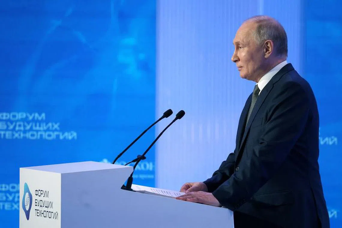 Russia's President Vladimir Putin delivers a speech at the Future Technologies Forum in Moscow, Russia, February 14, 2024. Sputnik/Alexander Kazakov/Pool via REUTERS