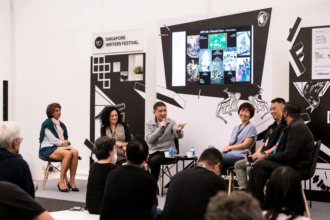 Speakers at the panel, Vivid War Tales: Illustrated Books & Comics On WWII, at the Singapore Writers Festival on Oct 5, 2022.