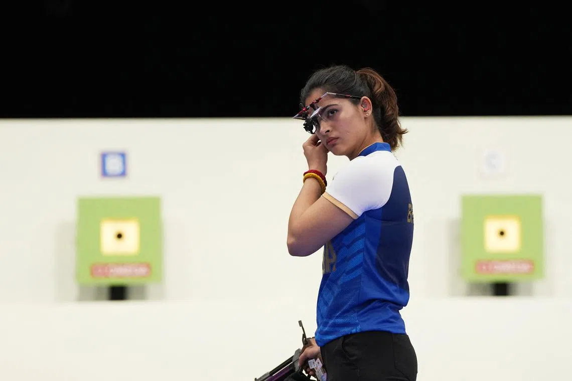 FILE PHOTO: Paris 2024 Olympics - Shooting - 10m Air Pistol Mixed Team Bronze Medal - Chateauroux Shooting Centre, Deols, France - July 30, 2024. Manu Bhaker of India reacts. REUTERS/Amr Alfiky/File Photo