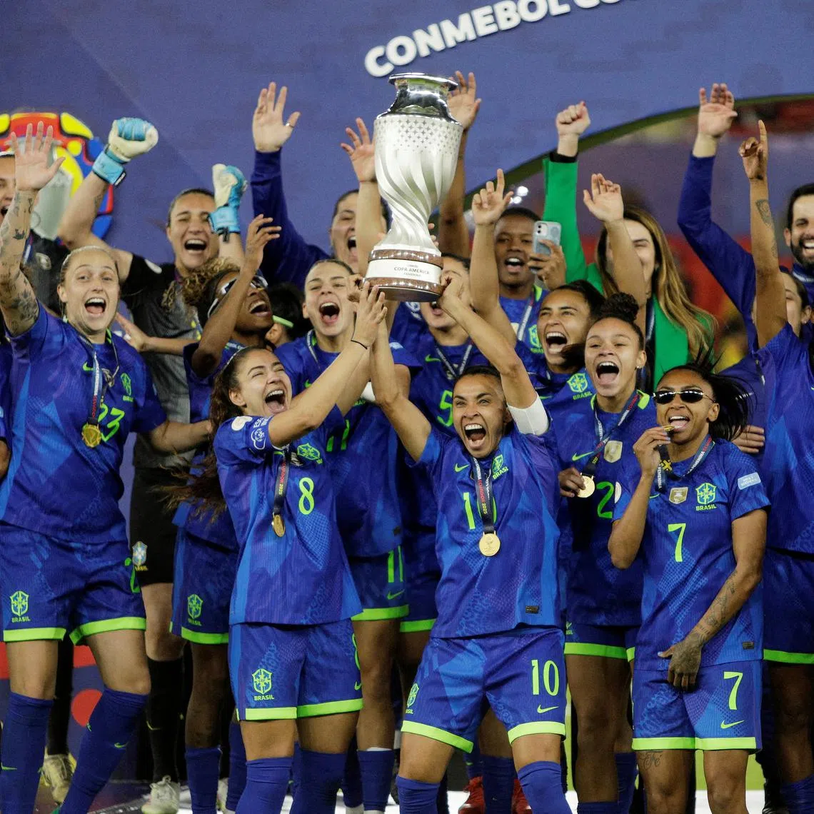 Brazil players celebrating after winning Women's Copa America 2025.