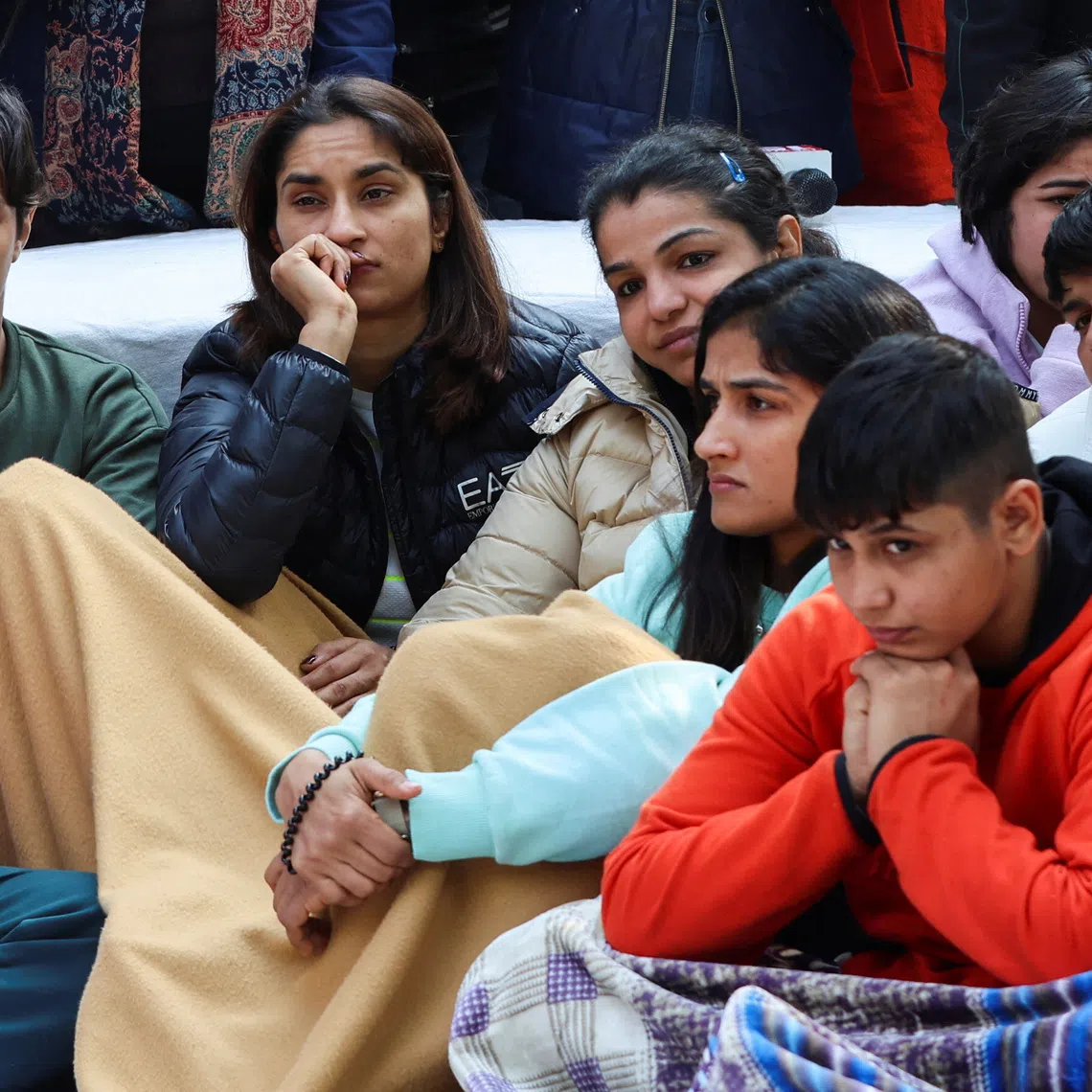 Vinesh Phogat, Sakshi Malik and other Indian wrestlers take part in a protest demanding the disbandment of the WFI and the investigation of its head by the police, who they accuse of sexually harassing female players, at Jantar Mantar in New Delhi, India, January 19, 2023. REUTERS/Anushree Fadnavis