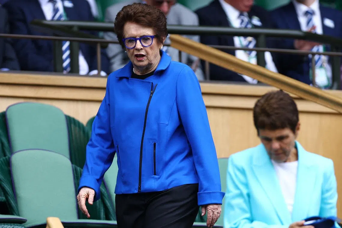 FILE PHOTO: Tennis - Wimbledon - All England Lawn Tennis and Croquet Club, London, Britain - July 13, 2024 Former tennis player Billie Jean King is seen in the royal box before the women's singles final match between Czech Republic's Barbora Krejcikova and Italy's Jasmine Paolini REUTERS/Hannah Mckay/File Photo