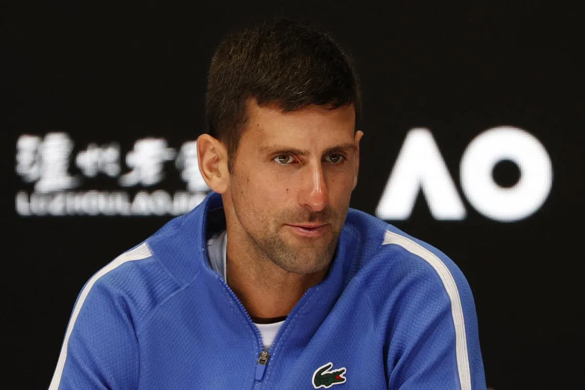 FILE PHOTO: Tennis - Australian Open - Melbourne Park, Melbourne, Australia - January 26, 2024 Serbia's Novak Djokovic during a press conference after losing his semi final match against Italy's Jannik Sinner REUTERS/Ciro De Luca/File Photo