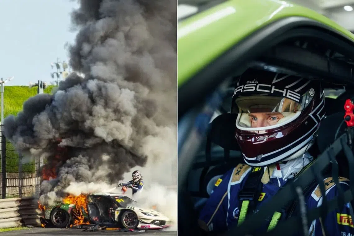 Loek Hartog used a fire extinguisher on Ollie Millroy’s Ferrari as a blaze raged before yanking open the driver’s door and dragging him to safety.