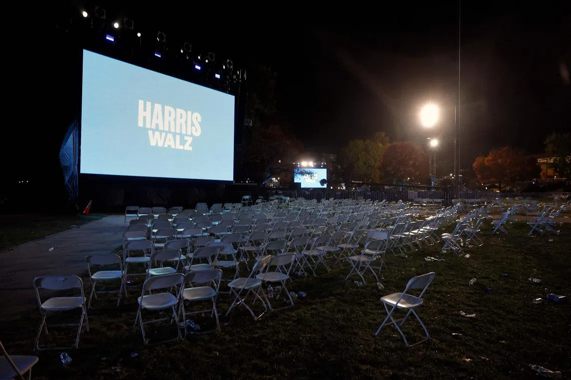 Chairs and trash sitting in an empty field after the election night watch party for Democratic presidential nominee, US Vice President Kamala Harris at Howard University on Nov 05, 2024, in Washington, DC.