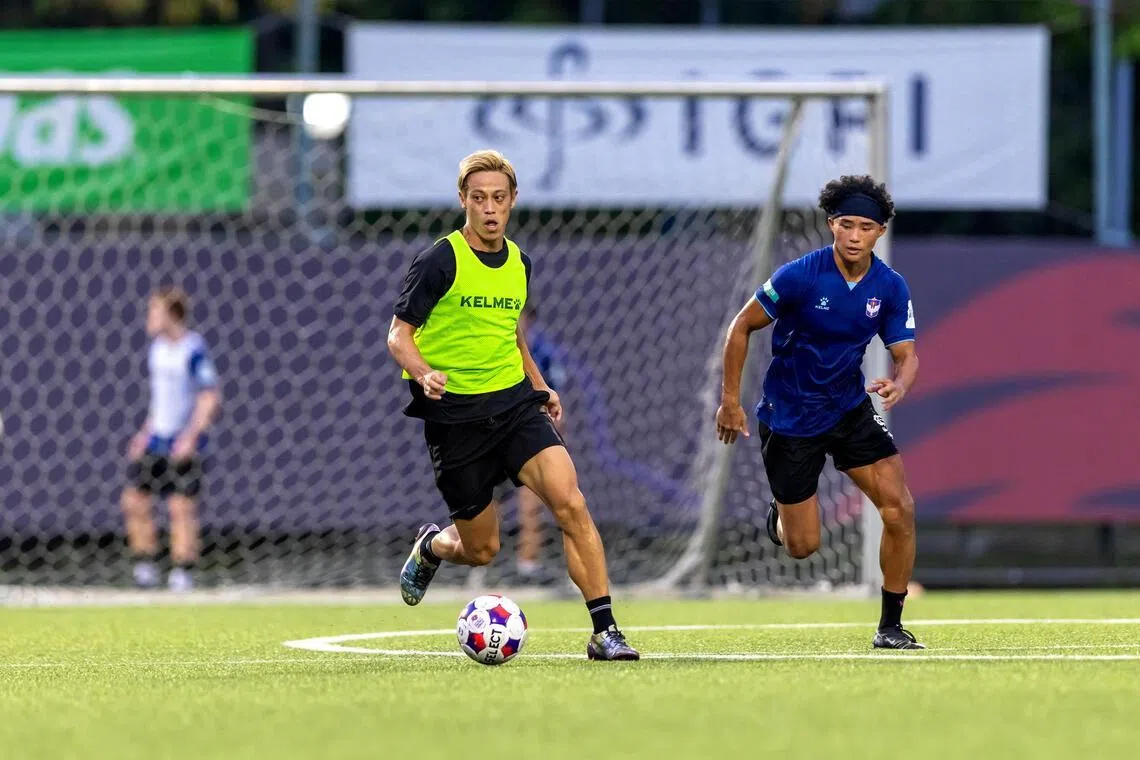 Former Japan international Keisuke Honda (left) in training with Albirex Niigata alongside White Swans forward Shingo Nakano in a session in November 2025. He will join the club, to be renamed FC Jurong, in the 2026-27 season.