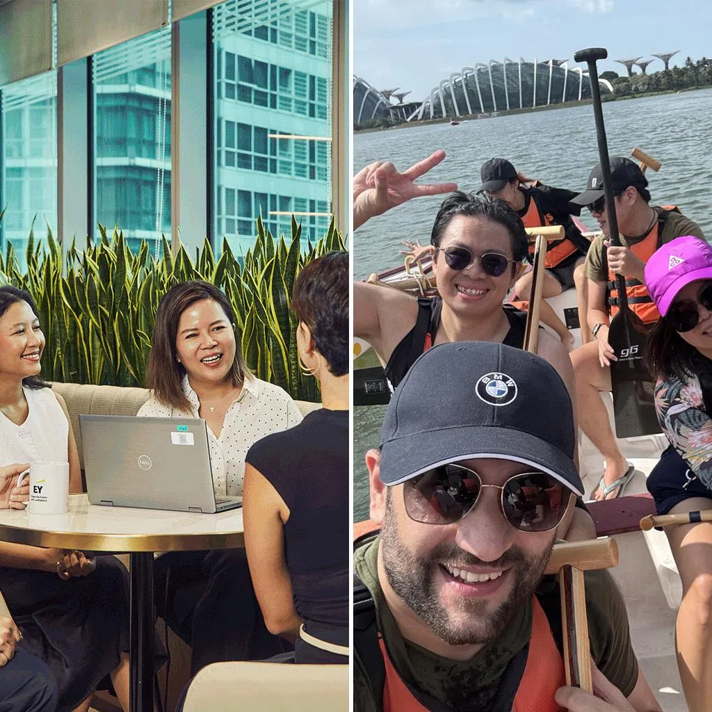 Sharon Lee in EY Singapore’s office talking to her teammates and doing dragon boating with her colleagues