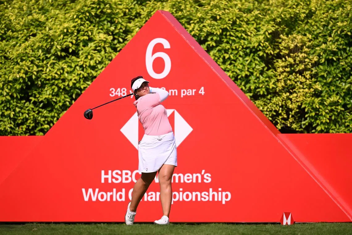 SINGAPORE, SINGAPORE - MARCH 02: Lilia Vu of the United States tees off on the sixth hole during Day One of the HSBC Women's World Championship at Sentosa Golf Club on March 02, 2023 in Singapore. (Photo by Ross Kinnaird/Getty Images)