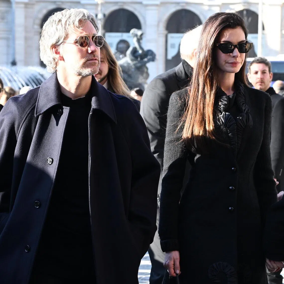 Actor Anne Hathaway and her husband Adam Shulman arrive for the funeral ceremony of fashion designer Valentino Garavani.
