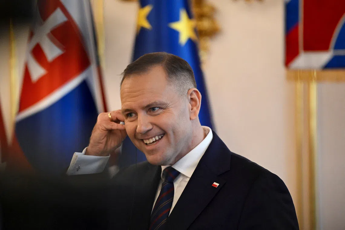 Poland's President Karol Nawrocki attends a press conference with Slovakia's President Peter Pellegrini at the presidential palace in Bratislava, Slovakia, November 5, 2025. REUTERS/Radovan Stoklasa