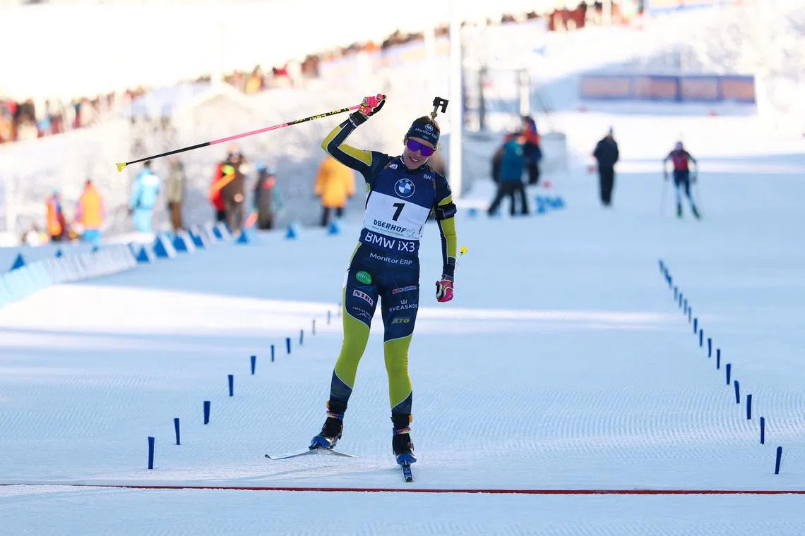 Biathlon - Biathlon World Cup - Oberhof, Germany - January 11, 2026 Sweden's Elvira Oeberg celebrates after winning the women's 10km pursuit REUTERS/Matthew Childs