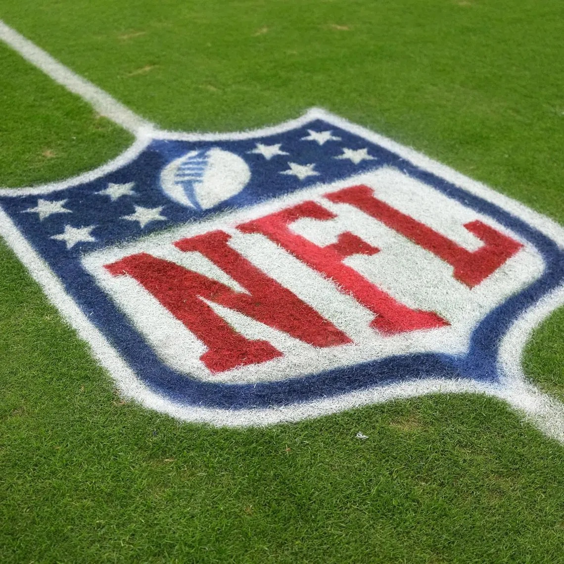 FILE PHOTO: Nov 23, 2025; Paradise, Nevada, USA; The NFL shield logo on the field at Allegiant Stadium. Kirby Lee-Imagn Images/ File Photo