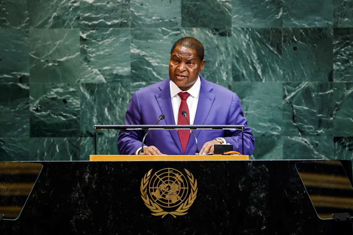 Central African Republic's President Faustin-Archange Touadera addresses the 80th United Nations General Assembly at U.N. headquarters in New York, U.S., September 24, 2025. REUTERS/Eduardo Munoz
