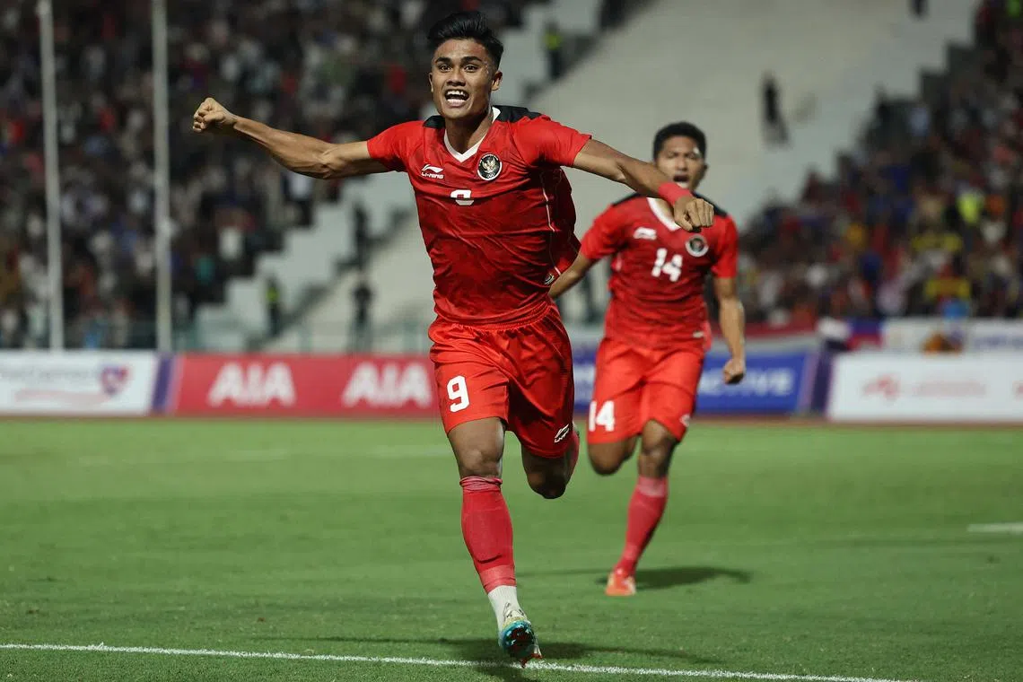 Southeast Asian Games - Football - Men's Final - Indonesia v Thailand - Olympic National Stadium, Phnom Penh, Cambodia - May 16, 2023
Indonesia's Muhammad Ramadhan Sananta celebrates scoring their first goal REUTERS/Chalinee Thirasupa