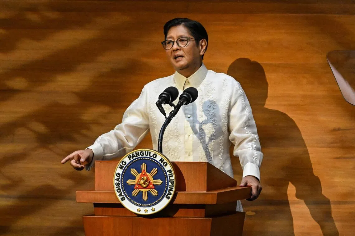 Philippines President Ferdinand Marcos Jr delivers his speech in Metro Manila on July 27. He benefited from these disinformation efforts when he ran for president in 2022.