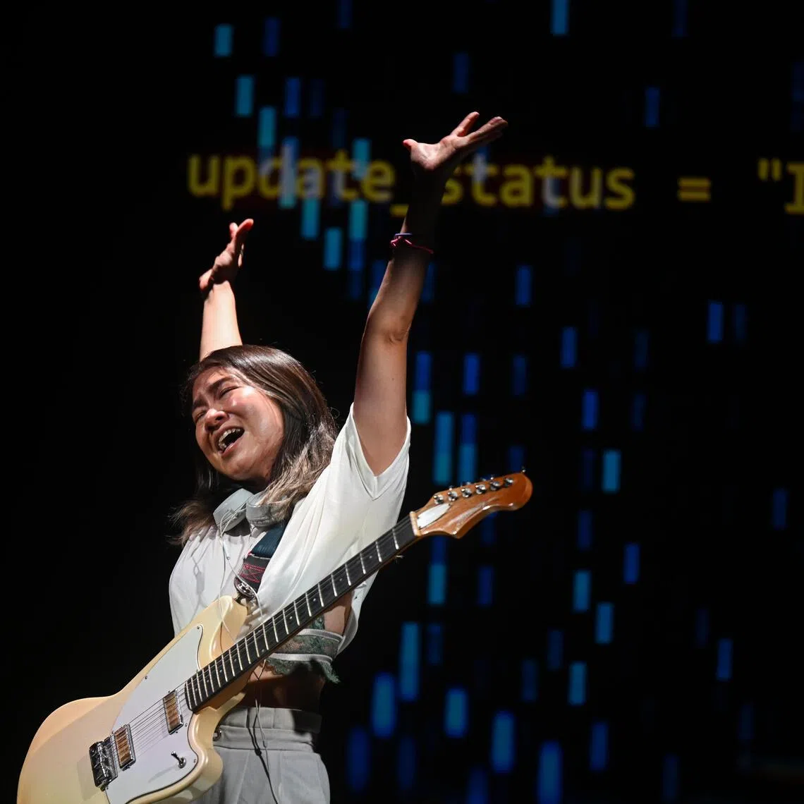 Musician Inch Chua rehearsing for her latest one-woman original musical, Myles – Soulmate in a Box, which tackles the topic of artificial intimacy.