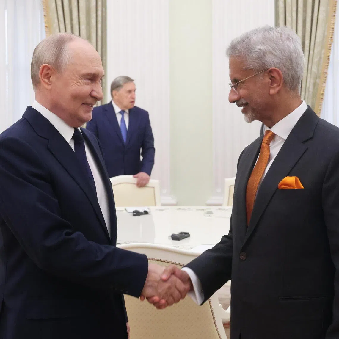 Russian President Vladimir Putin (left) met with Indian Foreign Minister Subrahmanyam Jaishankar (right) at a meeting at the Kremlin in Moscow on Aug 24.