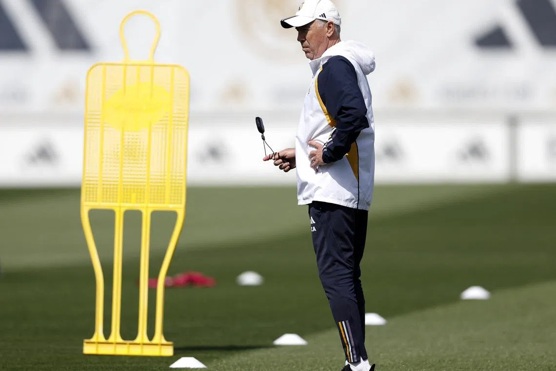 Soccer Football - Champions League - Final - Real Madrid Training - Ciudad Real Madrid, Valdebebas, Madrid, Spain - May 27, 2024 Real Madrid coach Carlo Ancelotti during training REUTERS/Juan Medina