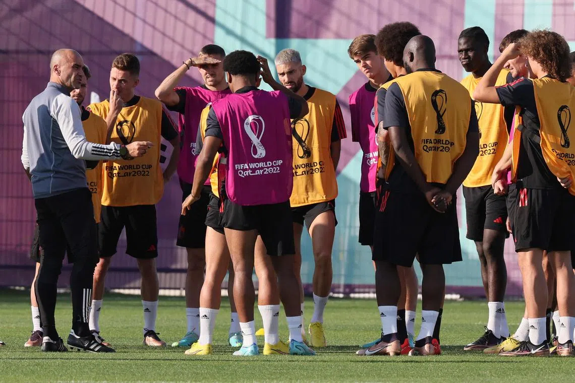 Belgium coach Roberto Martinez talking to his players during a training session.