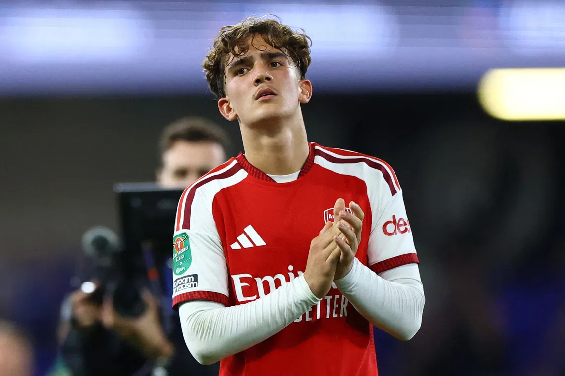 Arsenal’s Max Dowman celebrates after the match, where he scored twice to give his side a 4-2 League Cup victory at Ipswich Town.
