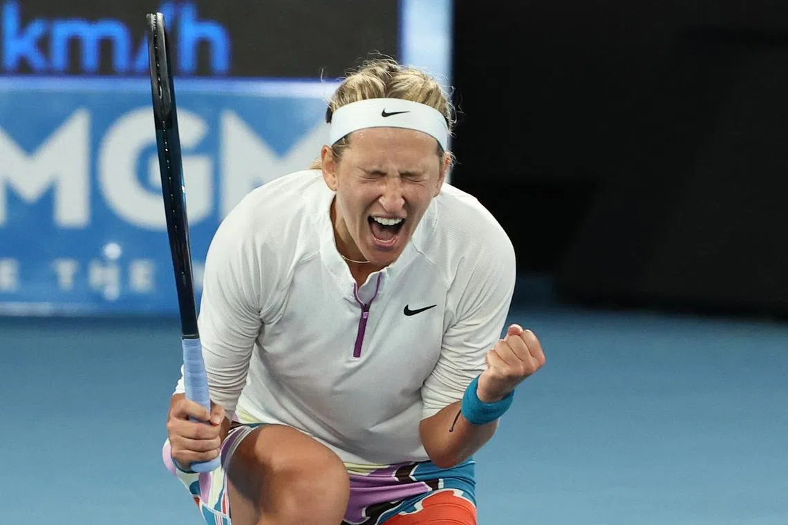 Belarus' Victoria Azarenka celebrates her win against China's Zhu Lin.