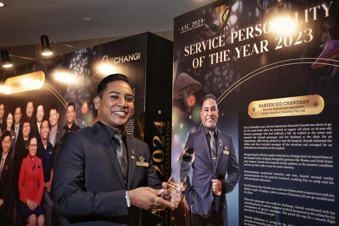 Profile of Service Personality of the Year award winner Haresh s/o Chandran, 36-year-old service operations executive, at the Annual Airport Celebration in Raffles City Convention Centre on Feb 5, 2024. ST PHOTO KEVIN LIM wxchangi05