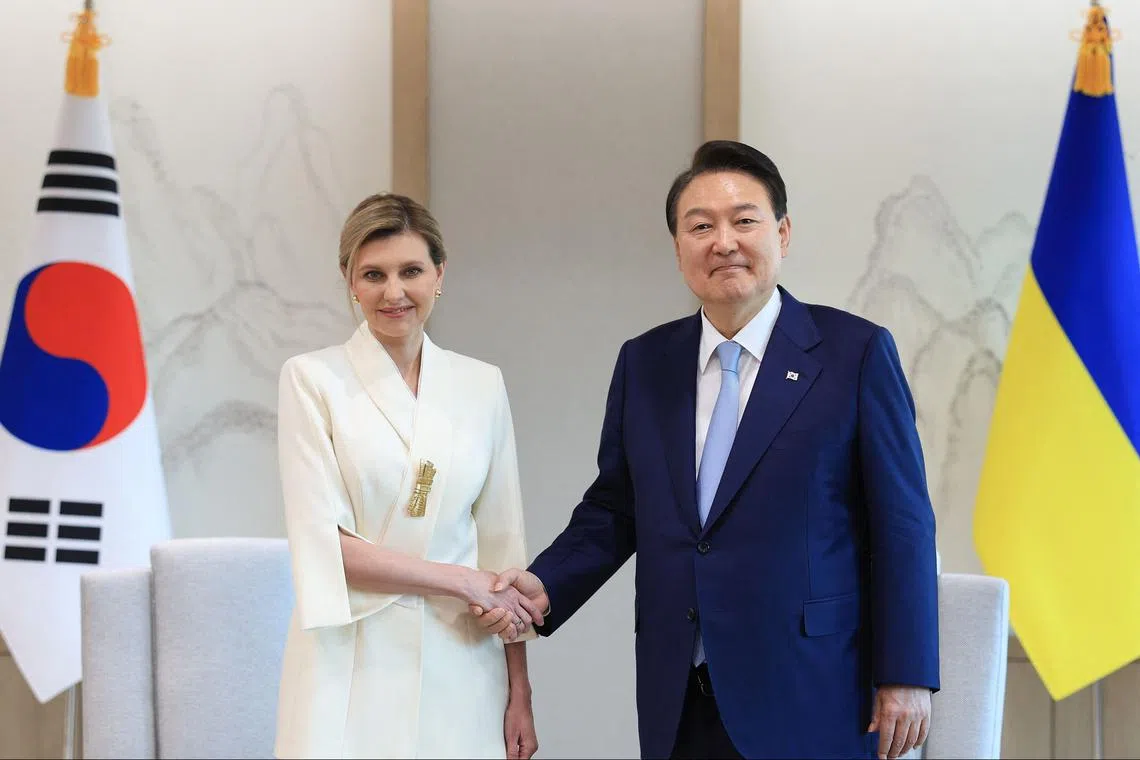 Ukraine’s first lady, Ms Olena Zelenska, and South Korean President Yoon Suk-yeol met in Seoul on May 16.