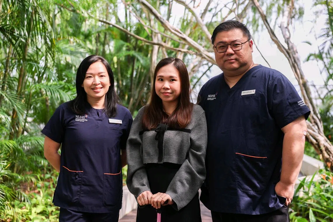 Small fibre neuropathy patient Louisa Lim (centre) with her doctors Amanda Chan and Kewin Siah.