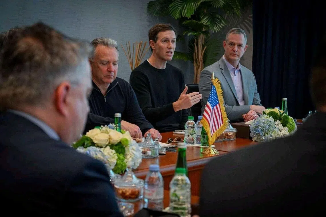 Mr Jared Kushner speaking at talks between the US, Russia and Ukraine in Abu Dhabi on Jan 24, with US Special Envoy Steve Witkoff to his right.