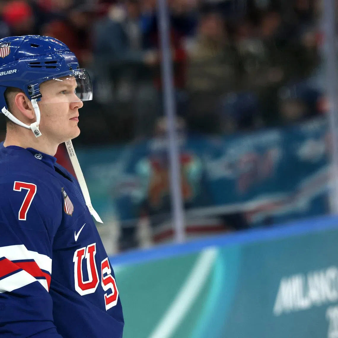 Milano Cortina 2026 Olympics - Ice Hockey - Men's Preliminary Round - Group C - United States vs Denmark - Milano Santagiulia Ice Hockey Arena, Milan, Italy - February 14, 2026. Brady Tkachuk of United States during the warm up before the match REUTERS/Mike Segar