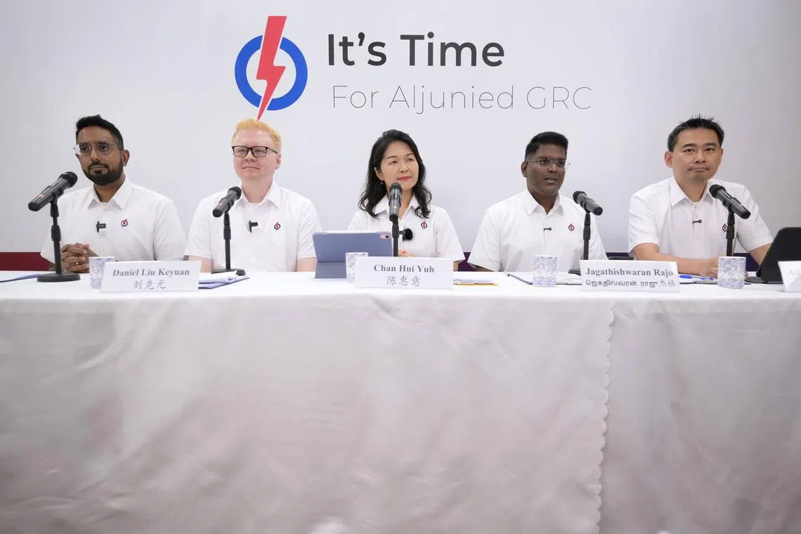 PAP unveils its slate of candidates (from left) Faisal Abdul Aziz, Daniel Liu, Chan Hui Yuh, Jagathishwaran Rajo and Adrian Ang to contest opposition-held Aljunied GRC.