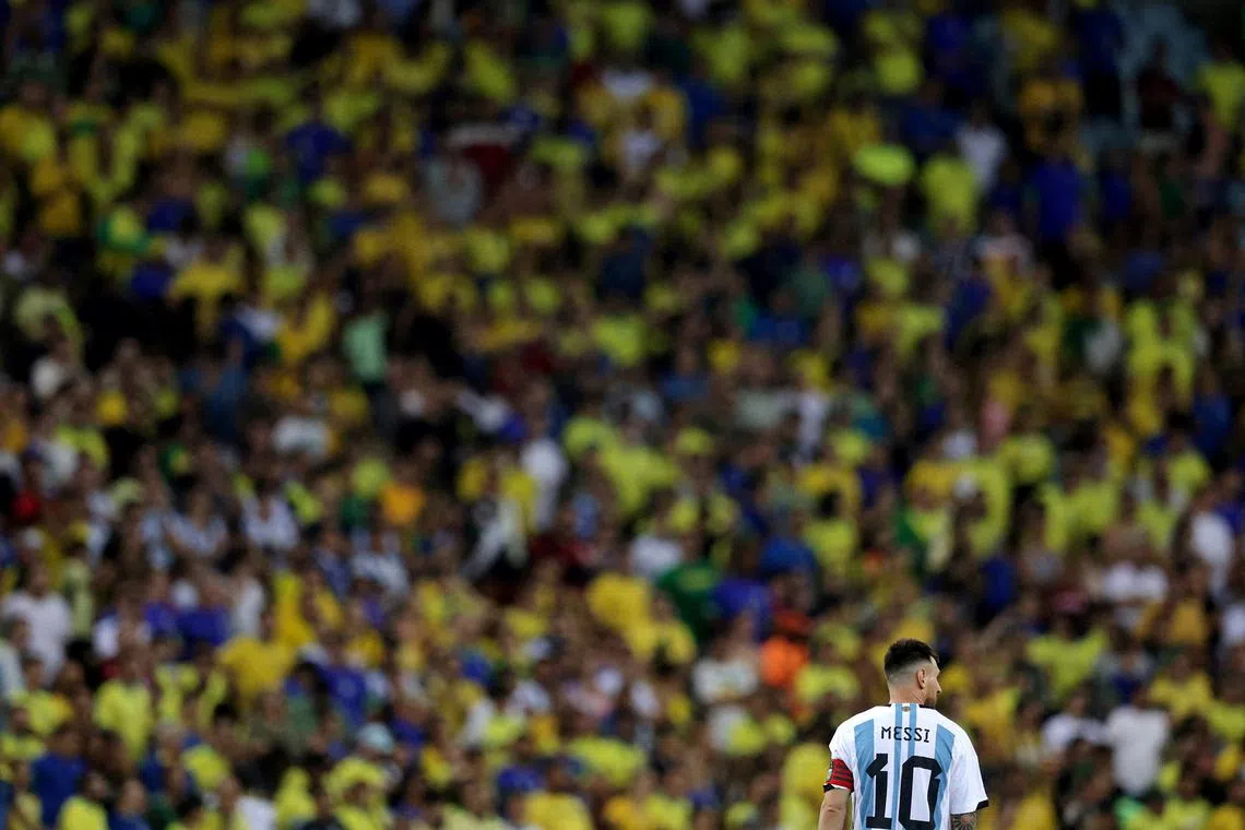 Argentina's Lionel Messi  at the South American Qualifiers during the Brazil vs Argentina match at the Maracana Stadium in Rio de Janeiro, Brazil on Nov 21, 2023.