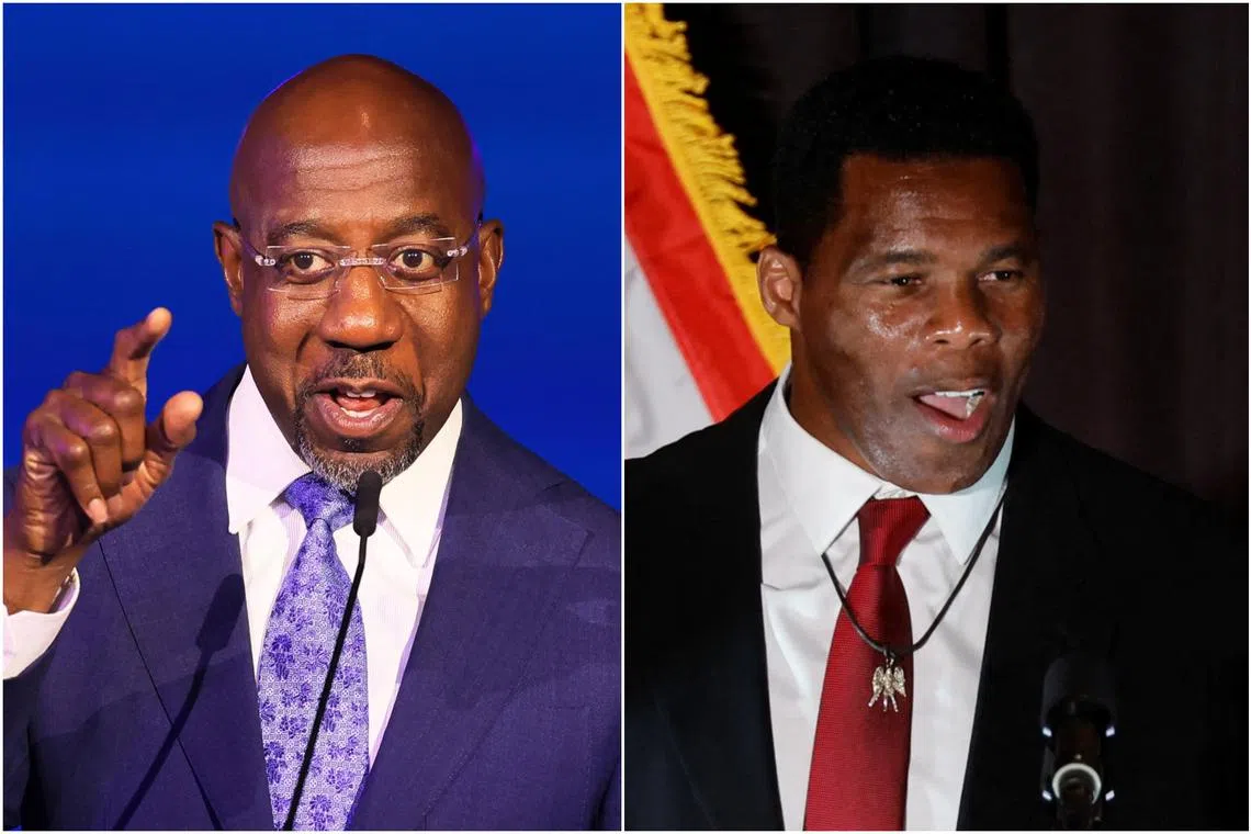 Democratic incumbent Raphael Warnock (left) is leading against Republican challenger Herschel Walker, but has yet to reach the 50 per cent threshold to avoid a runoff.