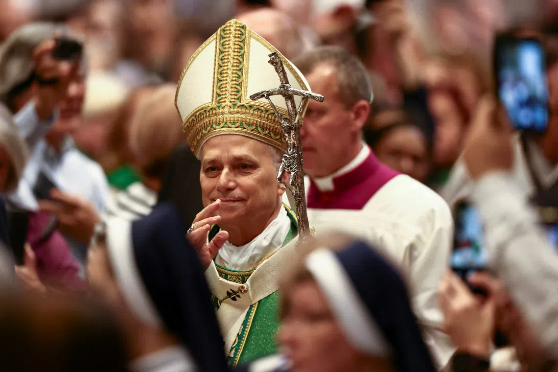 FILE PHOTO: Pope Leo XIV arrives to lead the Mass for the Jubilee of Synodal Teams and Participatory Bodies at St. Peter's Basilica in the Vatican, October 26, 2025. REUTERS/Yara Nardi/File Photo