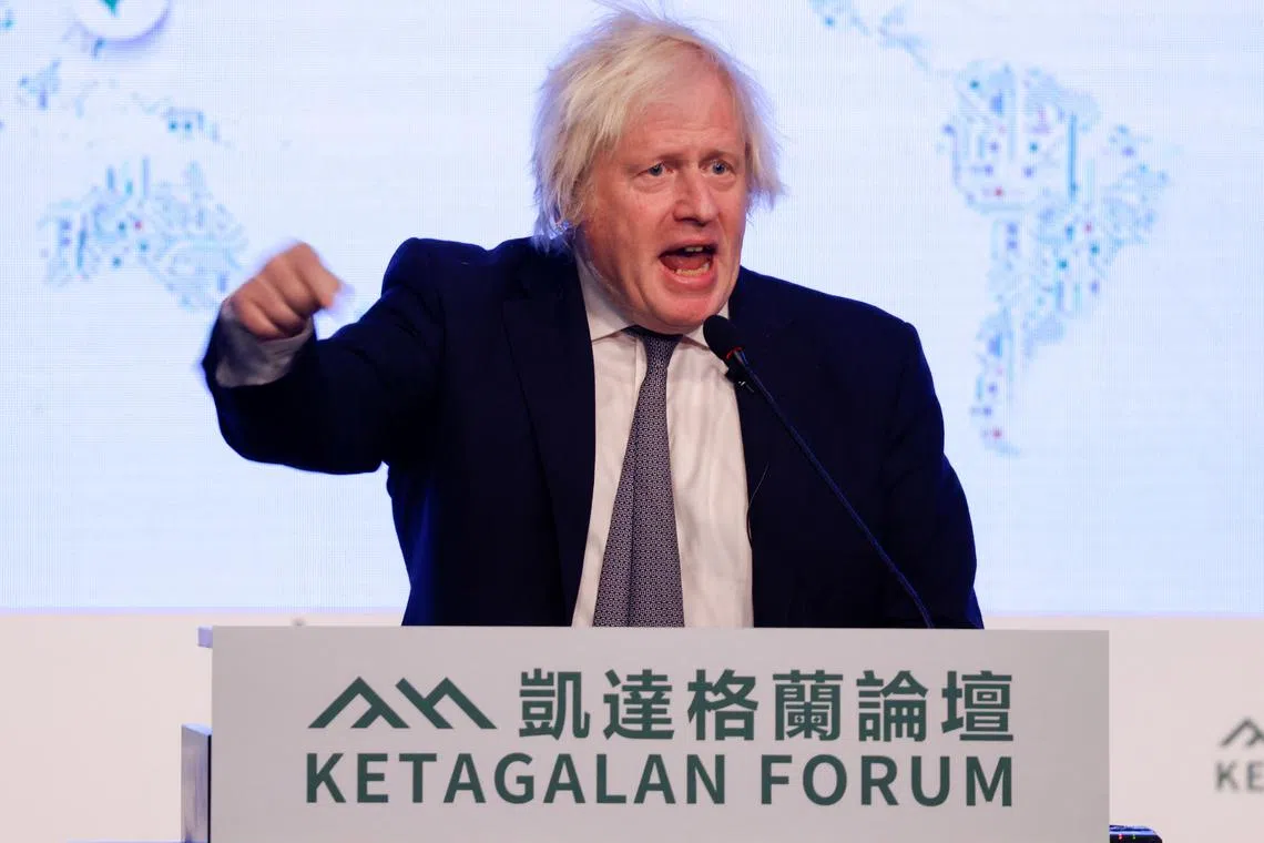 Former British Prime Minister Boris Johnson delivers a keynote speech at the annual Ketagalan forum in Taipei, Taiwan August 5, 2025. REUTERS/Ann Wang