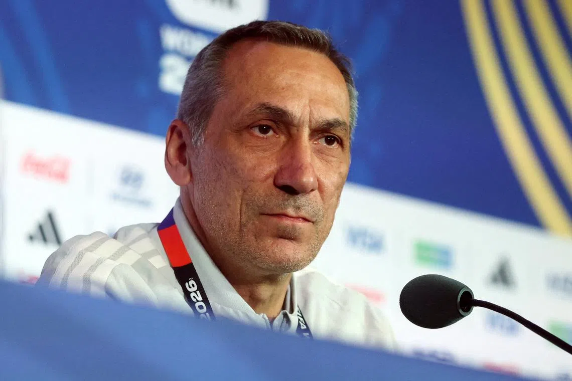 Soccer Football - FIFA World Cup 2026 - Saudi Arabia Press Conference - Houston Stadium, Houston, Texas, U.S. - June 25, 2026 Saudi Arabia coach Georgios Donis during the press conference REUTERS/Phil Noble