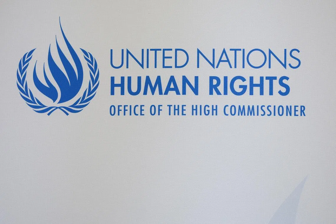United Nations Office of the High Commissioner for Human Rights logo is seen at Palais Wilson in Geneva, Switzerland November 2, 2022. REUTERS/Denis Balibouse