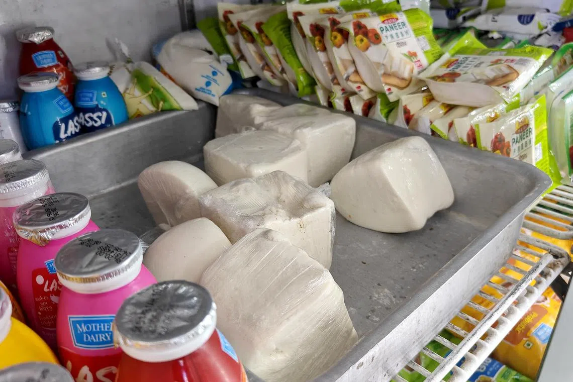 Unbranded and crudely packaged paneer for sale at a store in India. The production and sale of such paneer has come under scrutiny with frequent reports of adulteration.