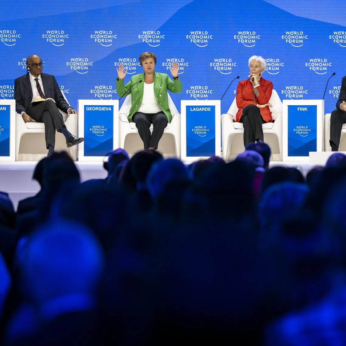 (From left) President Tharman Shanmugaratnam, IMF managing director Kristalina Georgieva, European Central Bank president Christine Lagarde, BlackRock CEO Larry Fink and Saudi Minister of Economy and Planning Faisal Alibrahim at the World Economic Forum on Jan 24.