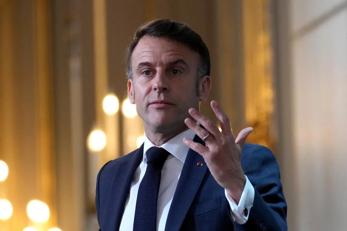 FILE PHOTO: French President Emmanuel Macron delivers his speech to French ambassadors posted around the world, Monday, Jan. 6, 2025 at the Elysee Palace in Paris. Aurelien Morissard/Pool via REUTERS/File Photo