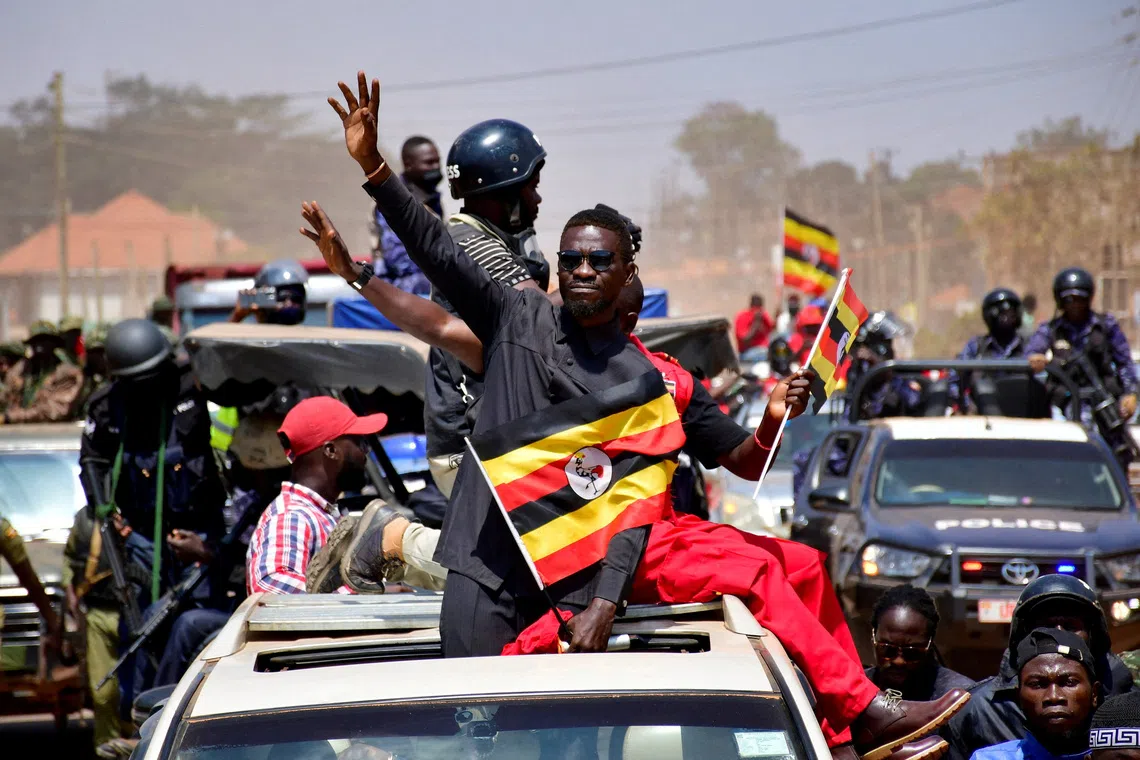 FILE PHOTO: Ugandan Presidential candidate Robert Kyagulanyi, also known as Bobi Wine, of the National Unity Platform (NUP) party, campaigns ahead of the general elections in Kira Municipality, Wakiso district on the outskirts of Kampala, Uganda December 1, 2025. REUTERS/Abubaker Lubowa/File Photo