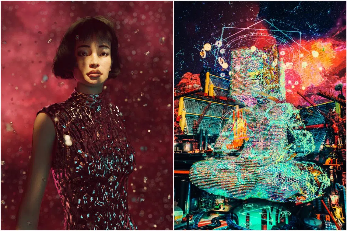 Shavonne Wong's 2021 artwork Stellae I (left) and Race Krehel's digital artwork Emergence of the Prime Intellect (2022). 