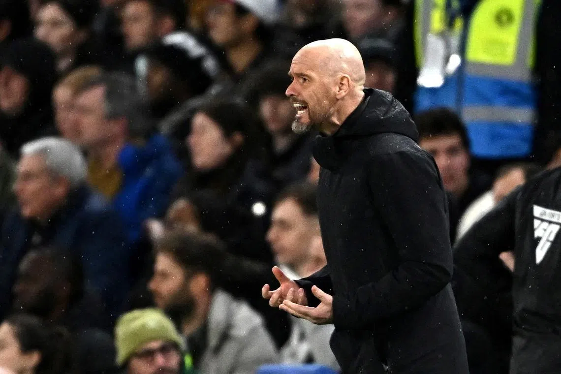 FILE PHOTO: Soccer Football - Premier League - Chelsea v Manchester United - Stamford Bridge, London, Britain - April 4, 2024 Manchester United manager Erik ten Hag celebrates after Alejandro Garnacho scores their first goal REUTERS/Dylan Martinez/File Photo