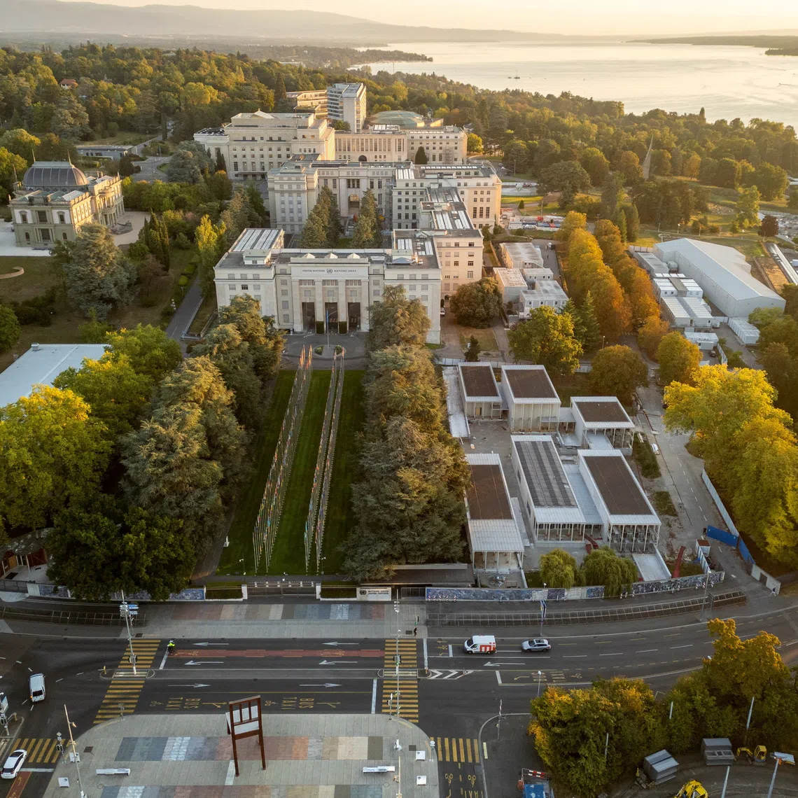 FILE PHOTO: A drone view shows the United Nations European headquarters, the Place des Nations with the Broken chair and Lake Leman in Geneva, Switzerland, August 26, 2025. REUTERS/Denis Balibouse/File Photo