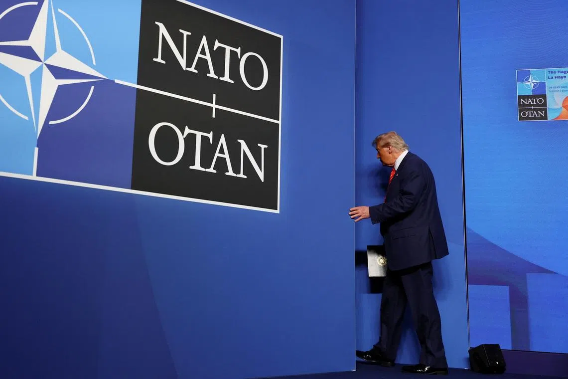 U.S. President Donald Trump leaves following a press conference at the NATO summit in The Hague, Netherlands June 25, 2025. REUTERS/Piroschka Van De Wouw