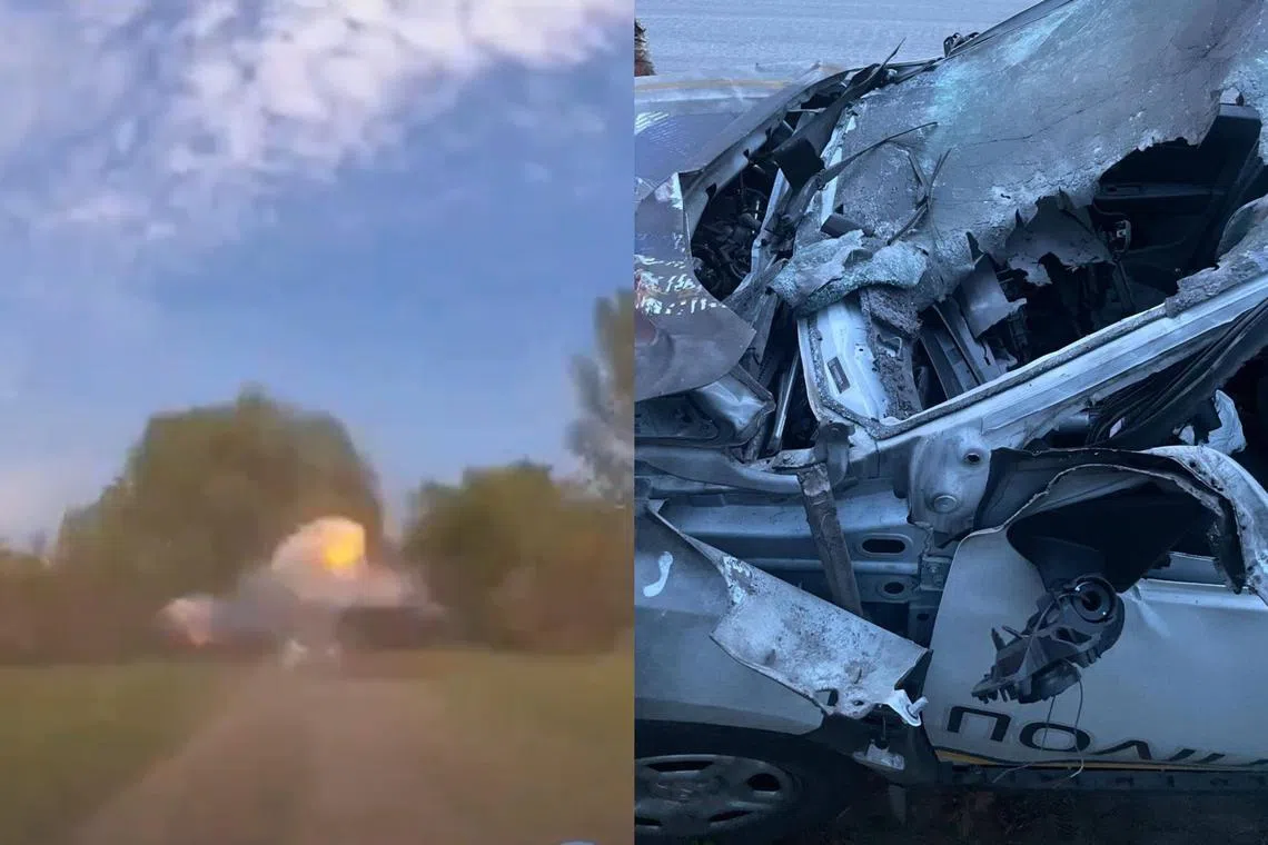 A video posted on Telegram that was filmed from a second police car showed an explosive device detonating on a moving vehicle in Vovchansk and a cloud of grey thick smoke. 